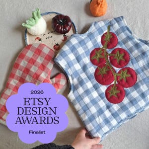 May include: A blue and white gingham sleeveless top featuring a large red tomato vine appliqué, a red and white checkered oven mitt, a ceramic plate with painted vegetable motifs, and a small orange fruit-shaped object on a neutral surface.
