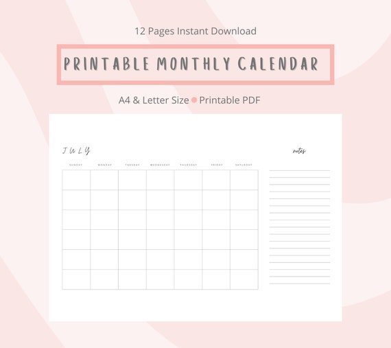 printable monthly calendar landscape fill in dates year etsy