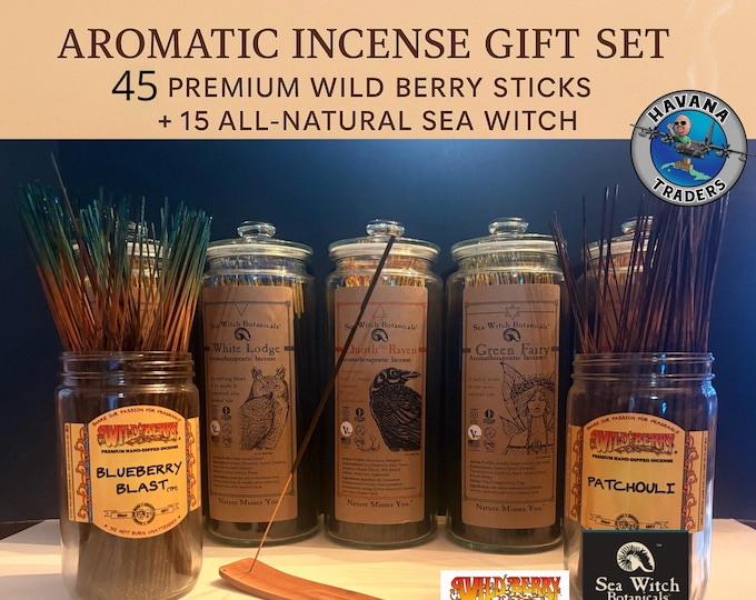 Featured listing image: Aromatic Incense Gift Set – 45 Premium Wild Berry Sticks + 15 All‑Natural Sea Witch + Wooden Burner