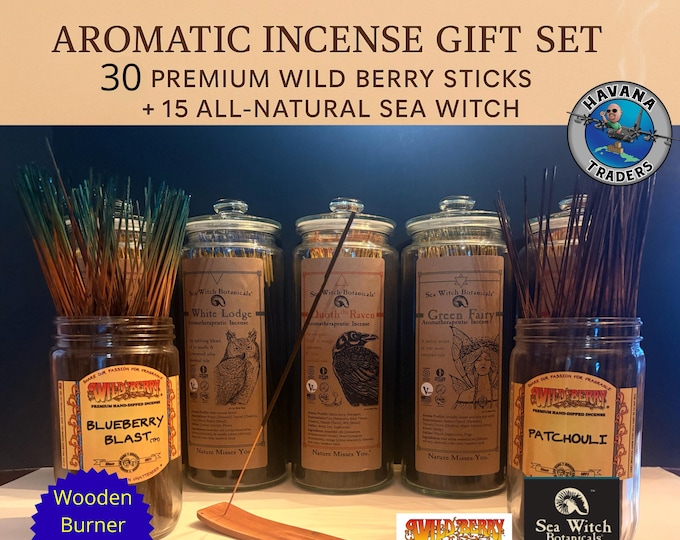 Featured listing image: Aromatic Incense Gift Set – 30 Premium Wild Berry Sticks + 15 All‑Natural Sea Witch + Wooden Burner