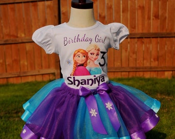 Frozen Elsa & Anna Birthday Tutu 3rd Birthday Party Dress Purple Tutu Outfit Shirt 