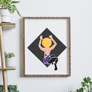 May include: A framed illustration of a person with a yellow sun for a head, wearing a purple and blue swimsuit, sitting with their legs crossed and arms raised above their head against a black background with white dots.