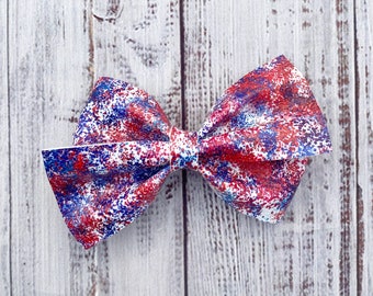 Fourth of July Hair Clip, 4th of July Hair Bow, Fireworks Hair Bow, Patriotic Hair Clip, Independence Day Bow, Paint Splatter Hair Bow