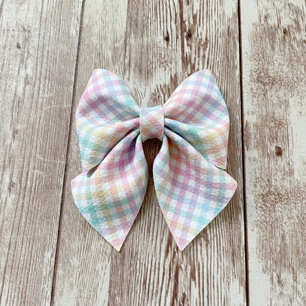 Gingham Hair Bow, Easter Hair Bow for Girls, Easter Gift for Baby, Easter Basket Stuffer for Kids, Pastel Gingham, Clip on Bow Tie for Boys