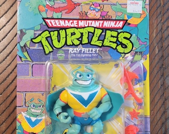 Figura de ação vintage das Tartarugas Ninja, modelo Ray Fillet, de 1990, com peito azul e amarelo, sem furos.