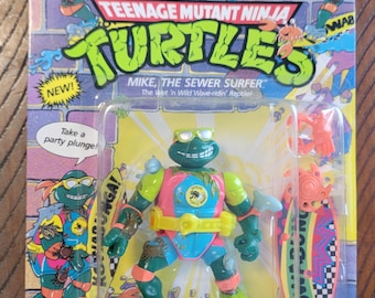 Figura de ação vintage das Tartarugas Ninja, Mike, o Surfista do Esgoto, de 1990, sem furos.
