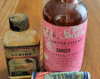 Vintage Apothecary Bottles Lot, 70s/80s Tums, Iodine, Typewriter Cleaner