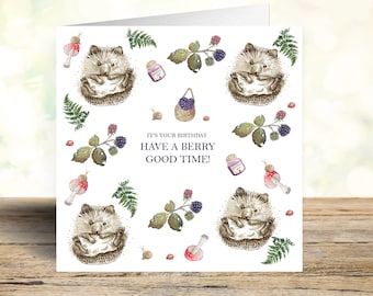 Cute Forest Hedgehog Birthday Card - Blackberries, Toadstools