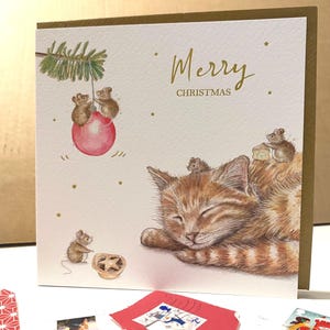 Carte de Noël chat et souris en feuille d'or