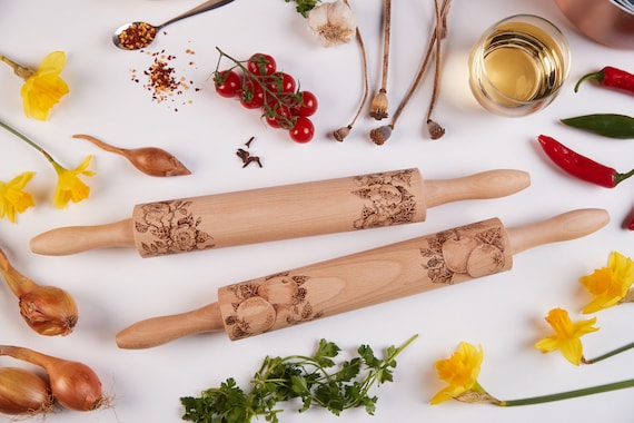 One Hand Designed, Wood-burned / Engraved Beech Wooden Rolling Pin - Rose or Fruit Design New Home, Birthday, Mothers Day, Easter Gift
