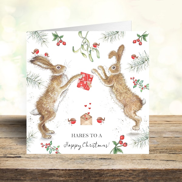 Boxing Hares Christmas Card