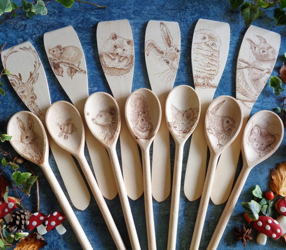 One Hand Decorated / Wood-burned Wooden Spoon / Spatula - Woodland Animals - Hare, Fox, Bear, Squirrel