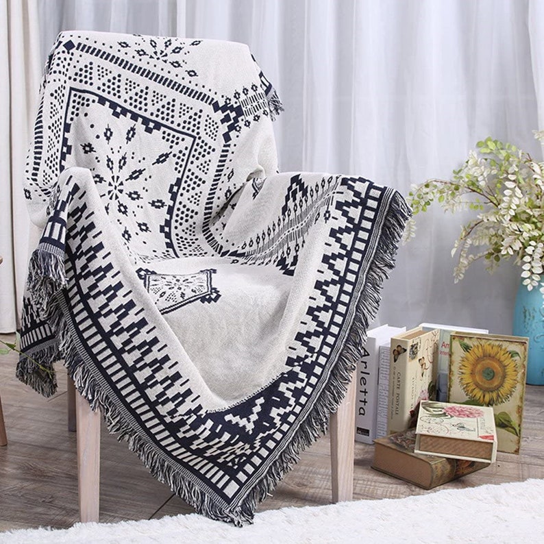 Double Sided Boho White&Black Throw Blanket Tassels Tapestry Etsy