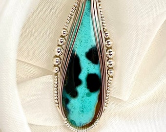 Bacan Gem Silica/Chrysocolla Stone Pendant Necklace, Chrysocolla Chalcedony, Argentium Sterling Silver Wire Wrap, Unique Artisan Handcrafted