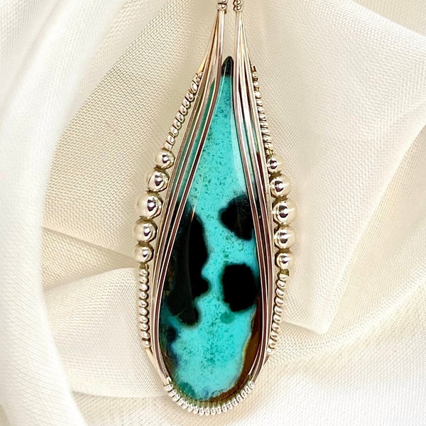 Bacan Gem Silica/Chrysocolla Stone Pendant Necklace, Chrysocolla Chalcedony, Argentium Sterling Silver Wire Wrap, Unique Artisan Handcrafted