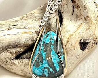 Kingman Turquoise Gemstone Pendant Necklace, Argentium Sterling Silver Wire Wrap, Unique USA Artisan Handmade Jewelry