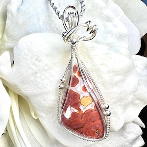 Java Red River Jasper  Pendant Necklace Hand Wrapped in Argentium Sterling Silver, Unique Triangular Stone Design, Handcrafted Jewelry