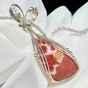 Java Red River Jasper Stone Pendant Necklace Wire Wrapped in Argentium Sterling Silver, Handmade