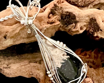 Palm Root Stone Necklace, Petrified Fossil Wood Agate Pendant, Handmade Argentium Sterling Silver Wire Wrap, Jewelry Gift Idea