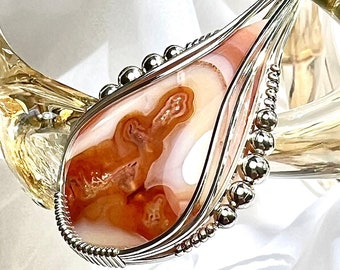 Peach Agate Stone Pendant Necklace, Banded Agate, Argentium Sterling Silver Wire Wrap, Unique USA Artisan One-of-a-Kind Handcrafted Jewelry