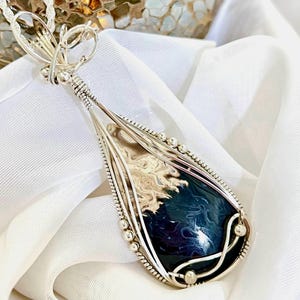 Petrified Palm Root Agate Stone Pendant Necklace Wire Wrapped in Argentium Sterling Silver, Handmade
