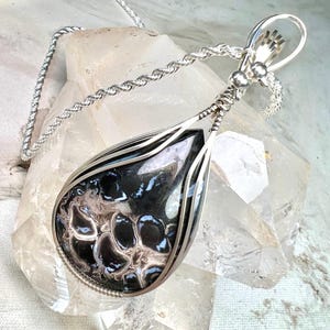 May include: A teardrop-shaped pendant featuring a dark, patterned stone with black and white organic inclusions, encased in a silver wire-wrapped frame. The pendant hangs from a silver rope chain, showcasing intricate metalwork and polished surfaces.