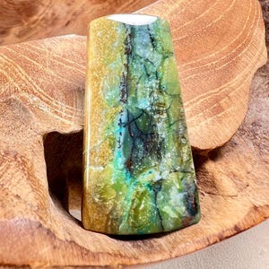 May include: A polished, rectangular gemstone cabochon featuring a vibrant blend of mustard yellow, lime green, and deep teal hues. The surface displays intricate, dark, web-like veining patterns that run vertically through the center of the stone.