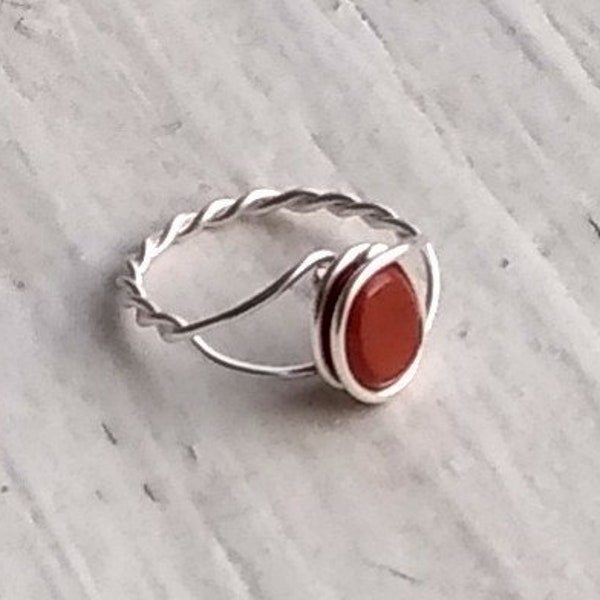 Red Jasper Handmade Adjustable Open Ring. Wire wrapped in tarnish resistant Silver plated Copper. Celtic Love Heart Ring. Classy, boho