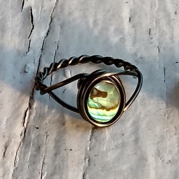 Abalone Shell Handmade Adjustable Open Ring. Wire wrapped in tarnish resistant, Hematite coated Copper. Gothic Punk, Celtic Love Heart Ring