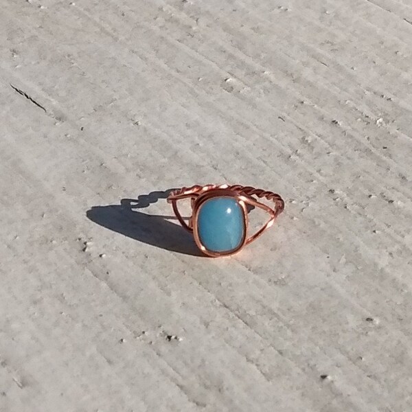 Aquamarine Jade Handmade Adjustable Open Ring. Wire wrapped in tarnish resistant Copper. Vintage Love Heart Ring. 70s retro ring Boho hippie