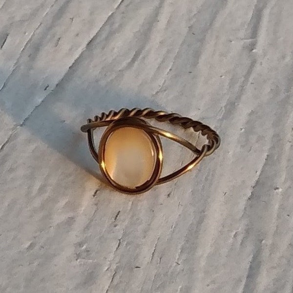 Mother of Pearl Shell Handmade Adjustable Open Ring. Wire wrapped in tarnish resistant Antique Bronze. Vintage, Celtic Love Heart Ring.