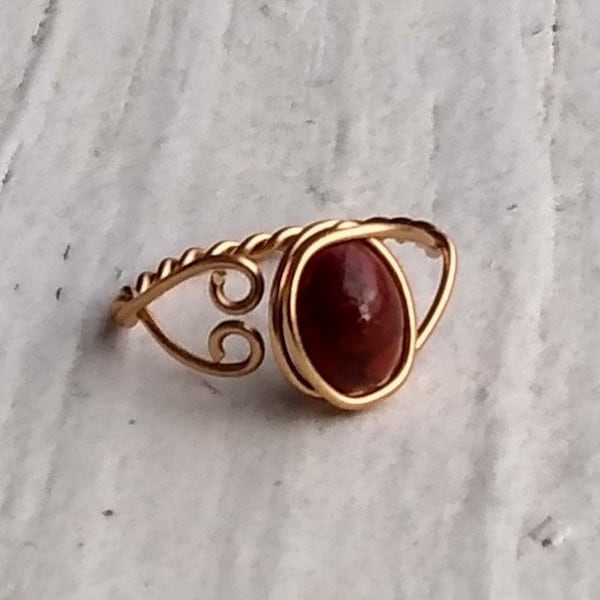 Red Poppy Jasper Handmade Adjustable Open Ring. Wire wrapped in tarnish resistant BRASS. Vintage Love Heart Ring. 70s retro oval red Jasper
