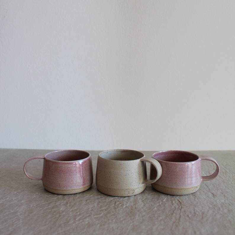 Pink Gray Pottery Cup Stoneware Ceramic Coffee Cap Handle Handmade Coffee Lover Gift For Her Gift For Him image 1