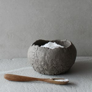 Può includere: Una ciotola grigia, strutturata, piena di polvere bianca, possibilmente sale o zucchero. Un cucchiaio di legno con una piccola quantità di polvere bianca è appoggiato accanto alla ciotola. La ciotola e il cucchiaio sono su una superficie grigio chiaro.