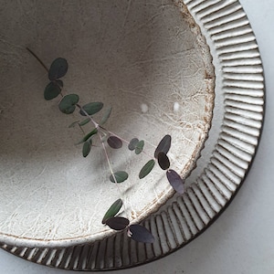 May include: A white ceramic bowl with a textured surface and a white ceramic plate with a fluted edge. A sprig of green leaves with purple stems is placed inside the bowl.