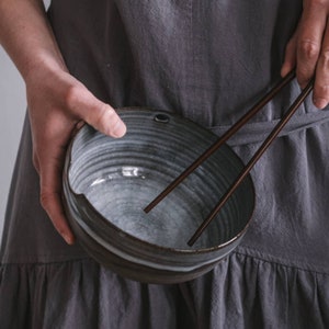Rustic Brown White Pottery Bowl With Hole and Groove for Chinese Chopsticks Serving Bowl Ceramic Stoneware Dinnerware Handmade Props