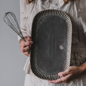 Rustic Green/White Pottery Serving Plate Ceramic Shallow Baking Pan Pasta Salad Plate Hand Thrown Stoneware Dinnerware Handmade