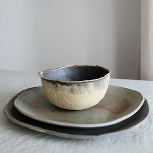 Rustic Green Brown Pottery Colection Serving Bowl Dish Ceramic Shallow Fruit Bowl Pasta Salad Bowl Serving Plate Stoneware  Handmade