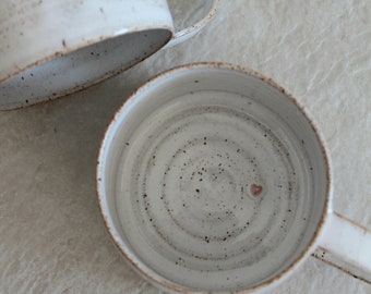Heart Pottery White Shiny Mug Stoneware Ceramic Cafe au Lait Bowl Tea Cup Handle Handmade Newborn Baby Child Shower Gift Breakfast Bowl