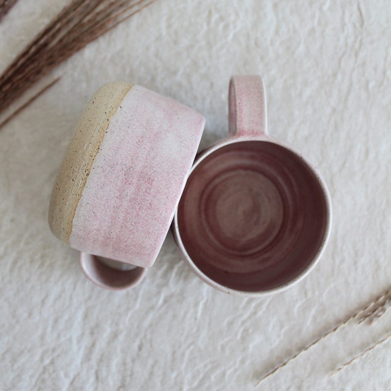 Pink Gray Pottery Cup Stoneware Ceramic Coffee Cap Handle Handmade Coffee Lover Gift For Her Gift For Him image 5