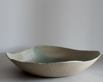 Rustic Green Pottery Serving Bowl: Handmade Stoneware Pasta Salad Dish