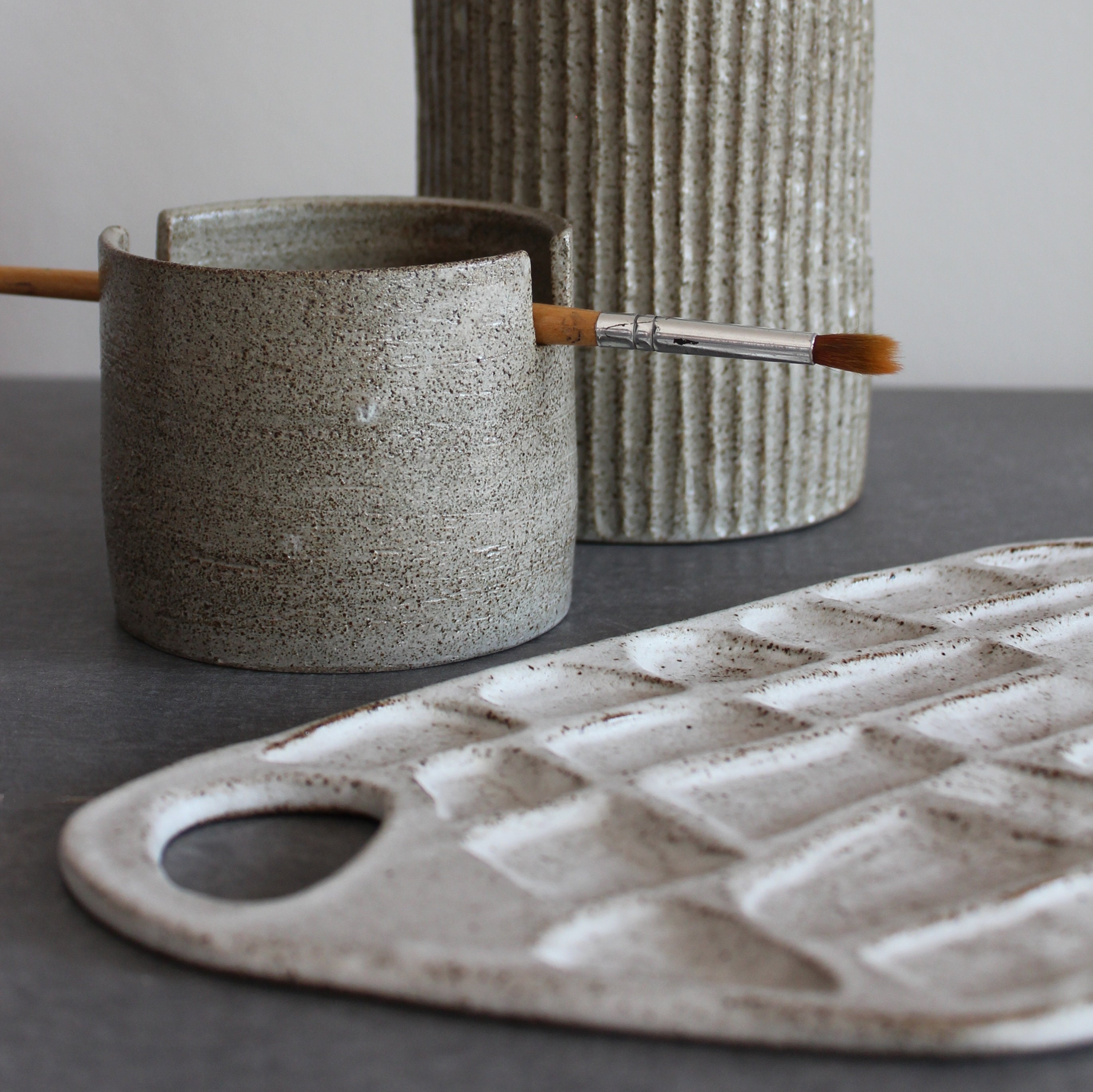 Handmade Ceramic Paint Palette, Brush Holder, and Water Cup Set
