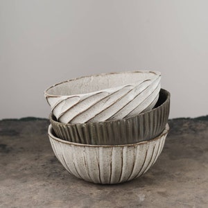 Green/White Patern Pottery Bowl Artisan Small Ceramic Bowl Handmade Stoneware Breakfast Cereal Soup Bowl