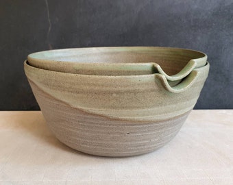 Rustic Green Pottery Mixing Bowl With Pouring Spout Serving Bowl Ceramic Hand Thrown Stoneware Dinnerware Handmade