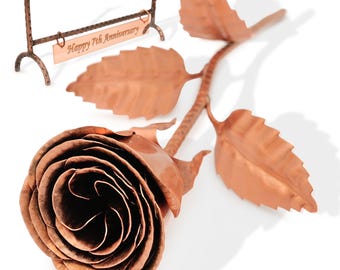 Copper Rose with stand, "Happy 7th Anniversary" Engraving – 7 Year Wedding Gift for Wife
