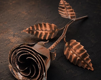 Rosa de bronce hecha a mano con soporte, regalo para el 19.º y 8.º aniversario, escultura de flor de metal.