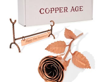 Rosa de cobre con soporte, grabado de feliz 22º aniversario, regalo de aniversario hecho a mano