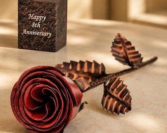 Personalized Bronze Rose with Engraved Stand, 19th & 8th Anniversary Gift, Handmade Metal Flower