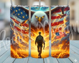 20 oz Skinny Tumbler, Patriotic Eagle Soldier, American Flag Cup, Veteran USA Pride