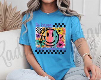 Be Happy Smiley Face Shirt | Retro Floral Graphic Tee